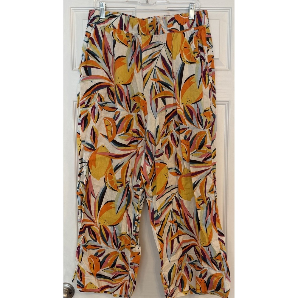 C&C‎ California 100% Linen Wide Leg Pants Tropical Fruit Flowy Beach Coastal LG